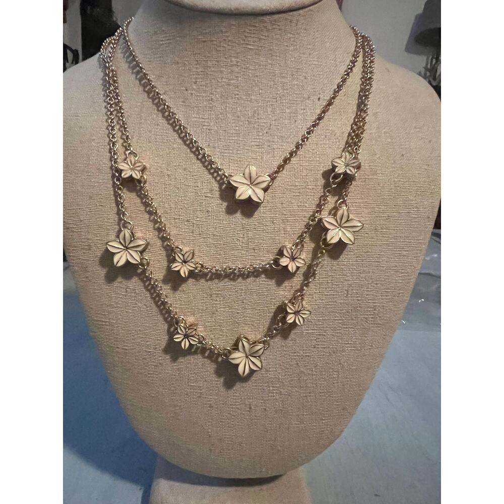 NWT Coldwater Creek Necklace Tiered Primrose Necklace gold tone & white enamel